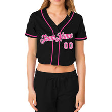 Load image into Gallery viewer, Custom Women&#39;s Black Pink-White V-Neck Cropped Baseball Jersey
