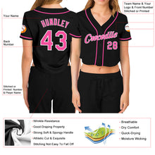 Load image into Gallery viewer, Custom Women&#39;s Black Pink-White V-Neck Cropped Baseball Jersey
