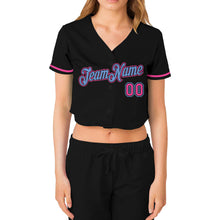 Load image into Gallery viewer, Custom Women&#39;s Black Pink-Light Blue V-Neck Cropped Baseball Jersey
