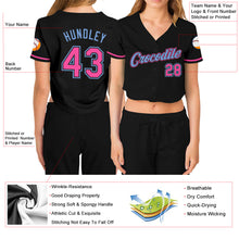 Load image into Gallery viewer, Custom Women&#39;s Black Pink-Light Blue V-Neck Cropped Baseball Jersey
