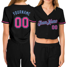 Load image into Gallery viewer, Custom Women&#39;s Black Pink-Light Blue V-Neck Cropped Baseball Jersey
