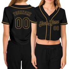 Load image into Gallery viewer, Custom Women&#39;s Black Black-Old Gold V-Neck Cropped Baseball Jersey
