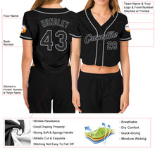 Load image into Gallery viewer, Custom Women&#39;s Black Black-Gray V-Neck Cropped Baseball Jersey
