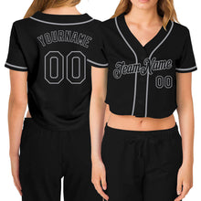 Load image into Gallery viewer, Custom Women&#39;s Black Black-Gray V-Neck Cropped Baseball Jersey
