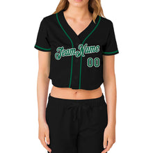 Load image into Gallery viewer, Custom Women&#39;s Black Kelly Green-White V-Neck Cropped Baseball Jersey
