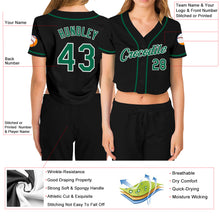 Load image into Gallery viewer, Custom Women&#39;s Black Kelly Green-White V-Neck Cropped Baseball Jersey
