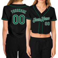 Load image into Gallery viewer, Custom Women&#39;s Black Kelly Green-White V-Neck Cropped Baseball Jersey
