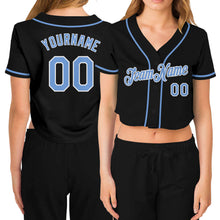 Load image into Gallery viewer, Custom Women&#39;s Black Light Blue-White V-Neck Cropped Baseball Jersey
