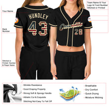 Load image into Gallery viewer, Custom Women&#39;s Black Vintage USA Flag-Cream V-Neck Cropped Baseball Jersey
