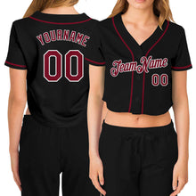 Load image into Gallery viewer, Custom Women&#39;s Black Crimson-White V-Neck Cropped Baseball Jersey
