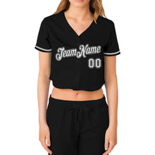 Load image into Gallery viewer, Custom Women&#39;s Black White-Gray V-Neck Cropped Baseball Jersey
