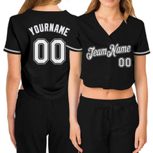 Load image into Gallery viewer, Custom Women&#39;s Black White-Gray V-Neck Cropped Baseball Jersey
