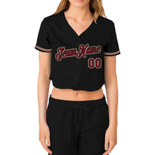 Load image into Gallery viewer, Custom Women&#39;s Black Crimson-City Cream V-Neck Cropped Baseball Jersey
