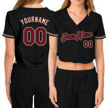 Load image into Gallery viewer, Custom Women&#39;s Black Crimson-City Cream V-Neck Cropped Baseball Jersey
