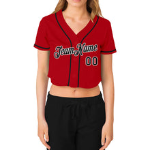 Load image into Gallery viewer, Custom Women&#39;s Red Black-White V-Neck Cropped Baseball Jersey
