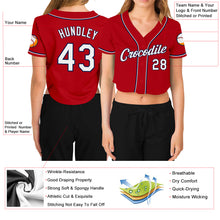 Load image into Gallery viewer, Custom Women&#39;s Red White-Navy V-Neck Cropped Baseball Jersey
