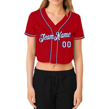 Load image into Gallery viewer, Custom Women&#39;s Red White-Royal V-Neck Cropped Baseball Jersey
