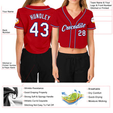 Load image into Gallery viewer, Custom Women&#39;s Red White-Royal V-Neck Cropped Baseball Jersey
