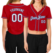 Load image into Gallery viewer, Custom Women&#39;s Red White-Royal V-Neck Cropped Baseball Jersey

