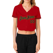 Load image into Gallery viewer, Custom Women&#39;s Red Black-Old Gold V-Neck Cropped Baseball Jersey
