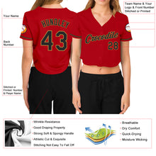 Load image into Gallery viewer, Custom Women&#39;s Red Black-Old Gold V-Neck Cropped Baseball Jersey
