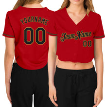 Load image into Gallery viewer, Custom Women&#39;s Red Black-Old Gold V-Neck Cropped Baseball Jersey
