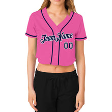 Load image into Gallery viewer, Custom Women&#39;s Pink Navy-White V-Neck Cropped Baseball Jersey
