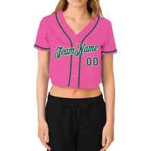 Load image into Gallery viewer, Custom Women&#39;s Pink Kelly Green-White V-Neck Cropped Baseball Jersey
