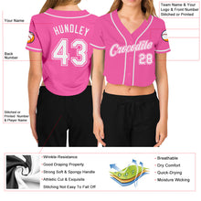 Load image into Gallery viewer, Custom Women&#39;s Pink White V-Neck Cropped Baseball Jersey

