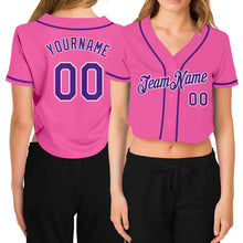 Load image into Gallery viewer, Custom Women&#39;s Pink Purple-White V-Neck Cropped Baseball Jersey
