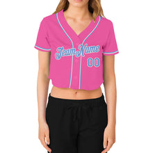 Load image into Gallery viewer, Custom Women&#39;s Pink Light Blue-White V-Neck Cropped Baseball Jersey
