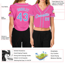 Load image into Gallery viewer, Custom Women&#39;s Pink Light Blue-White V-Neck Cropped Baseball Jersey
