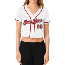 Load image into Gallery viewer, Custom Women&#39;s White Red-Black V-Neck Cropped Baseball Jersey
