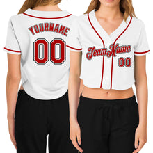 Load image into Gallery viewer, Custom Women&#39;s White Red-Black V-Neck Cropped Baseball Jersey

