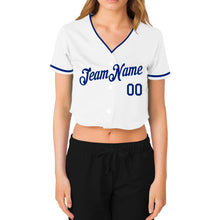 Load image into Gallery viewer, Custom Women&#39;s White Royal V-Neck Cropped Baseball Jersey

