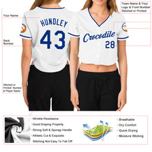 Load image into Gallery viewer, Custom Women&#39;s White Royal V-Neck Cropped Baseball Jersey
