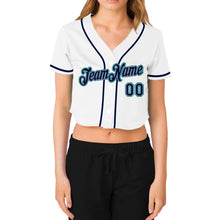 Load image into Gallery viewer, Custom Women&#39;s White Navy Gray-Aqua V-Neck Cropped Baseball Jersey
