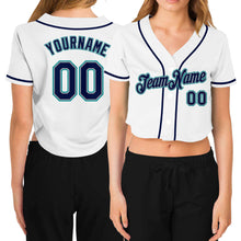 Load image into Gallery viewer, Custom Women&#39;s White Navy Gray-Aqua V-Neck Cropped Baseball Jersey
