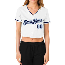 Load image into Gallery viewer, Custom Women&#39;s White Navy-Light Blue V-Neck Cropped Baseball Jersey
