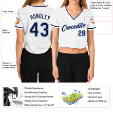 Load image into Gallery viewer, Custom Women&#39;s White Navy-Light Blue V-Neck Cropped Baseball Jersey
