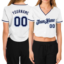 Load image into Gallery viewer, Custom Women&#39;s White Navy-Light Blue V-Neck Cropped Baseball Jersey
