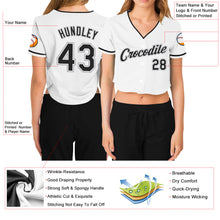 Load image into Gallery viewer, Custom Women&#39;s White Black-Gray V-Neck Cropped Baseball Jersey
