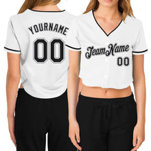 Load image into Gallery viewer, Custom Women&#39;s White Black-Gray V-Neck Cropped Baseball Jersey
