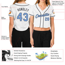 Load image into Gallery viewer, Custom Women&#39;s White Light Blue-Steel Gray V-Neck Cropped Baseball Jersey
