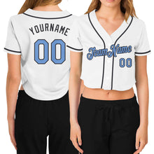 Load image into Gallery viewer, Custom Women&#39;s White Light Blue-Steel Gray V-Neck Cropped Baseball Jersey
