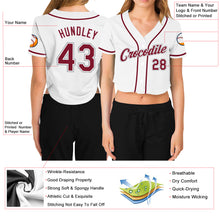 Load image into Gallery viewer, Custom Women&#39;s White Crimson-Gray V-Neck Cropped Baseball Jersey
