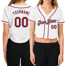 Load image into Gallery viewer, Custom Women&#39;s White Crimson-Gray V-Neck Cropped Baseball Jersey

