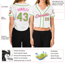 Load image into Gallery viewer, Custom Women&#39;s White Neon Green-Pink V-Neck Cropped Baseball Jersey
