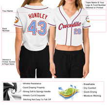 Load image into Gallery viewer, Custom Women&#39;s White Light Blue-Red V-Neck Cropped Baseball Jersey
