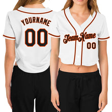 Load image into Gallery viewer, Custom Women&#39;s White Black-Orange V-Neck Cropped Baseball Jersey
